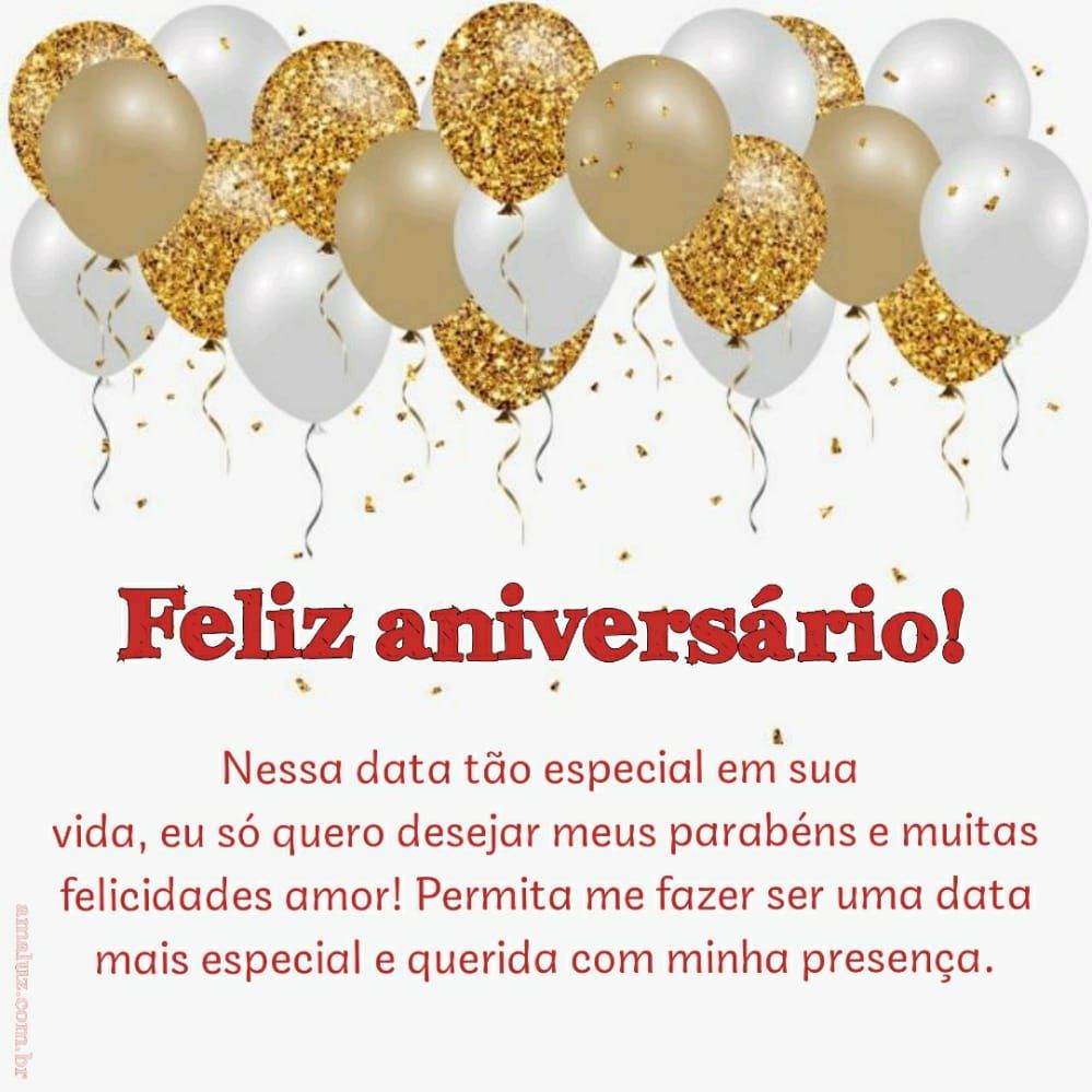 imagem com balões dourados e brancos de feliz aniversario
