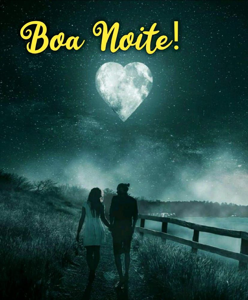 boa noite com casal de mãos dadas e lua em forma de coração