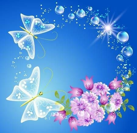 fundo azul com borboletas e flores