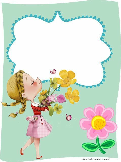 menininha com buque de flores e um balão de mensagens