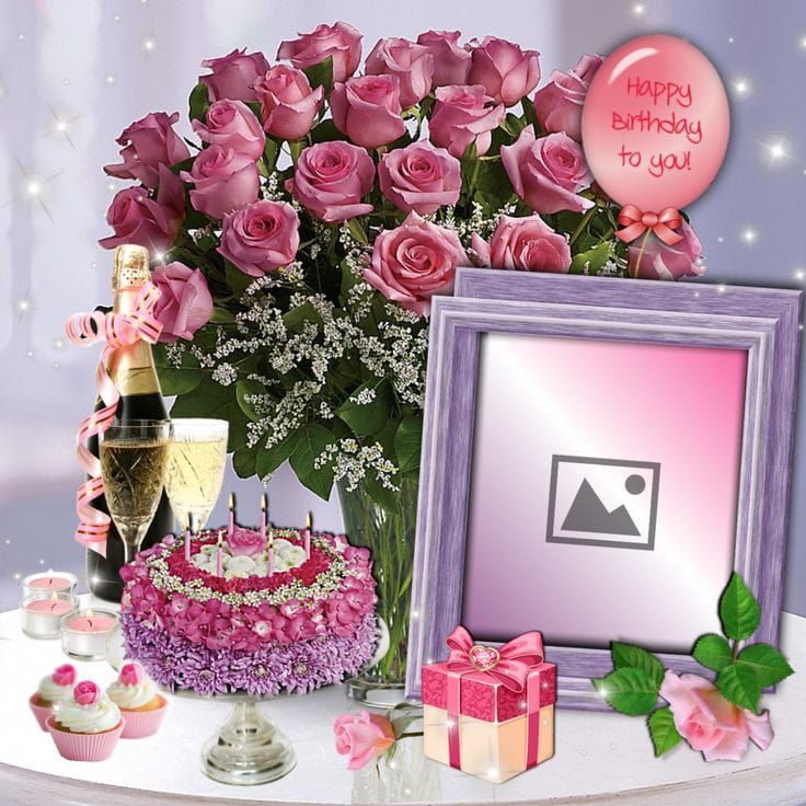 buque de flores balões e quadro de fotos